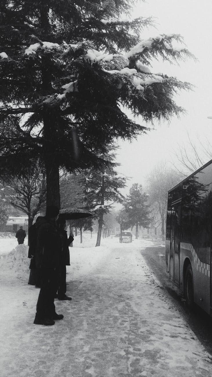 Yolda Duran Siyah Montlu Adamın Gri Tonlamalı Fotoğrafı