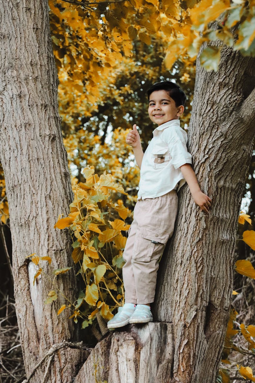 Azerbaycan'ın Salyan kentinde canlı sonbahar yapraklarıyla çevrili bir ağaca tırmanan gülümseyen bir çocuk.