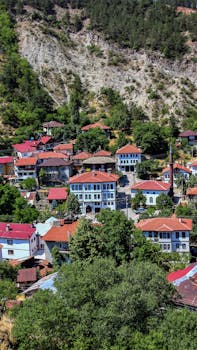 Türkiye'nin Bolu ilinde yemyeşil tepelerin arasında yer alan geleneksel çatılı Mudurnu köyünün doğal manzarası.