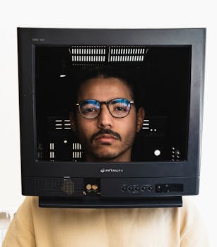 Bir adam, eski bir televizyon çerçevesinin içinden bakıyor; bu görüntü, analog nostaljiyi modern portre sanatıyla harmanlıyor.