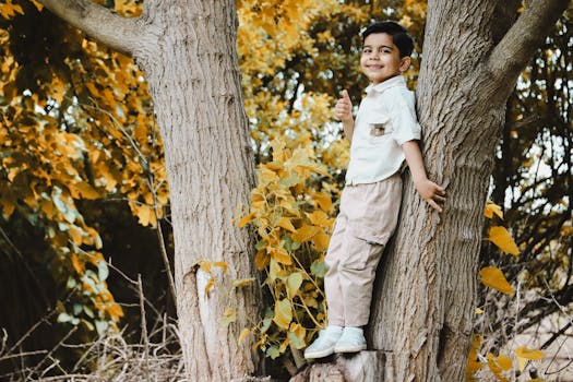 Canlı bir sonbahar ormanında ağaca tırmanan, doğanın güzelliğini sergileyen gülümseyen bir çocuk.