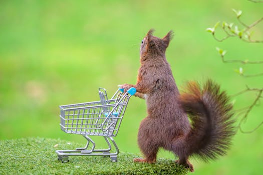 Oyunbaz bir sincap, çimenli bir yüzeyde mini bir alışveriş arabasını iterek doğanın mizahını sergiliyor.